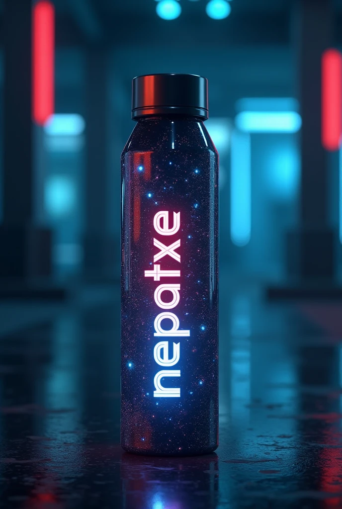 A water bottle, cinematic looks , digital screen, brand name ' mepatxe' glowing taxt