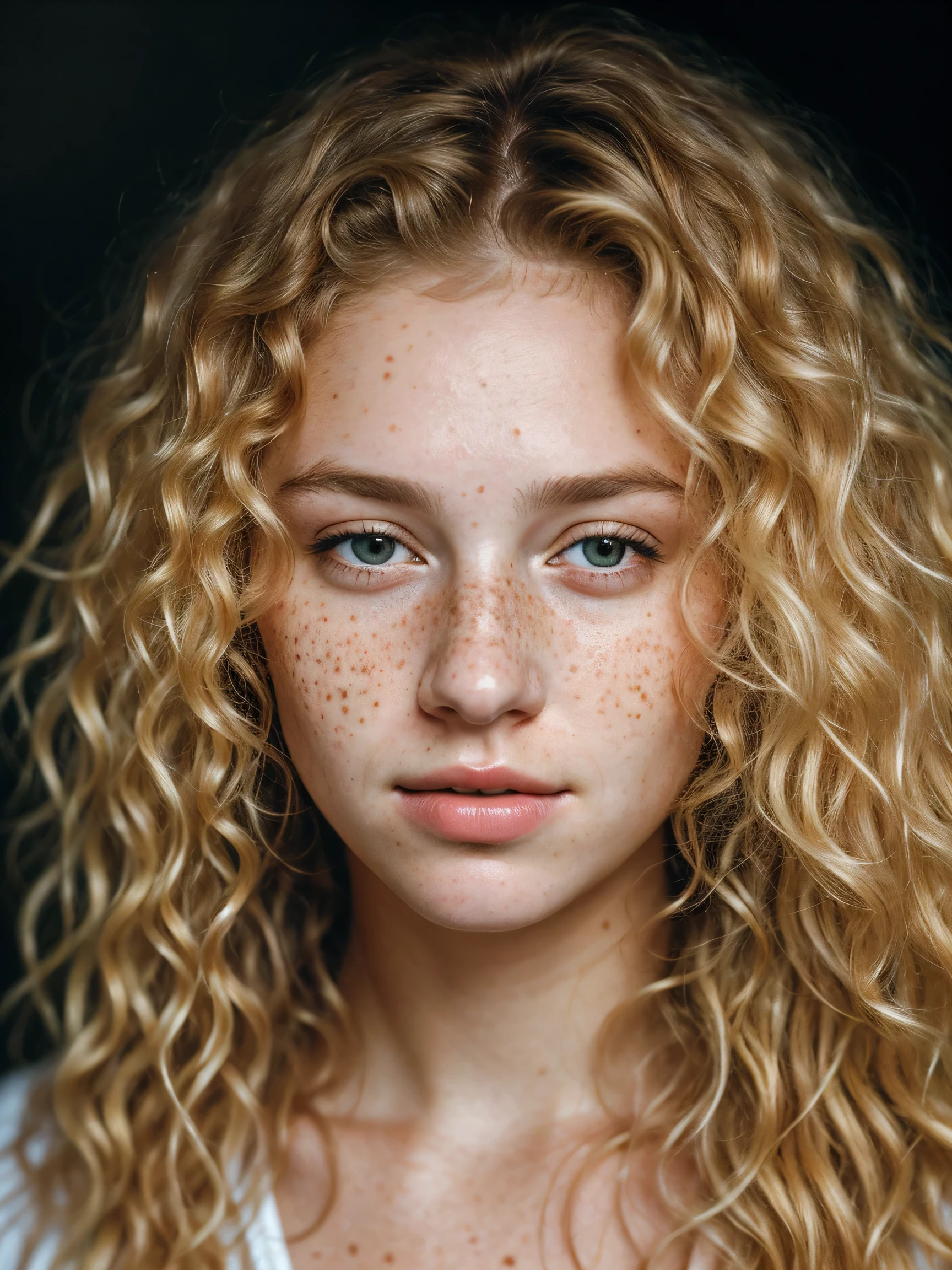 a portrait of a beautiful woman with curls and many freckles, (dirty blonde hair), (facial portrait:1.5), Dramatic light , Rembrandt lighting scheme, (Hyper-Realism:1.2), (photorrealistic:1.2), Shot with Canon EOS 5D Mark IV, face detailed, detailed hair