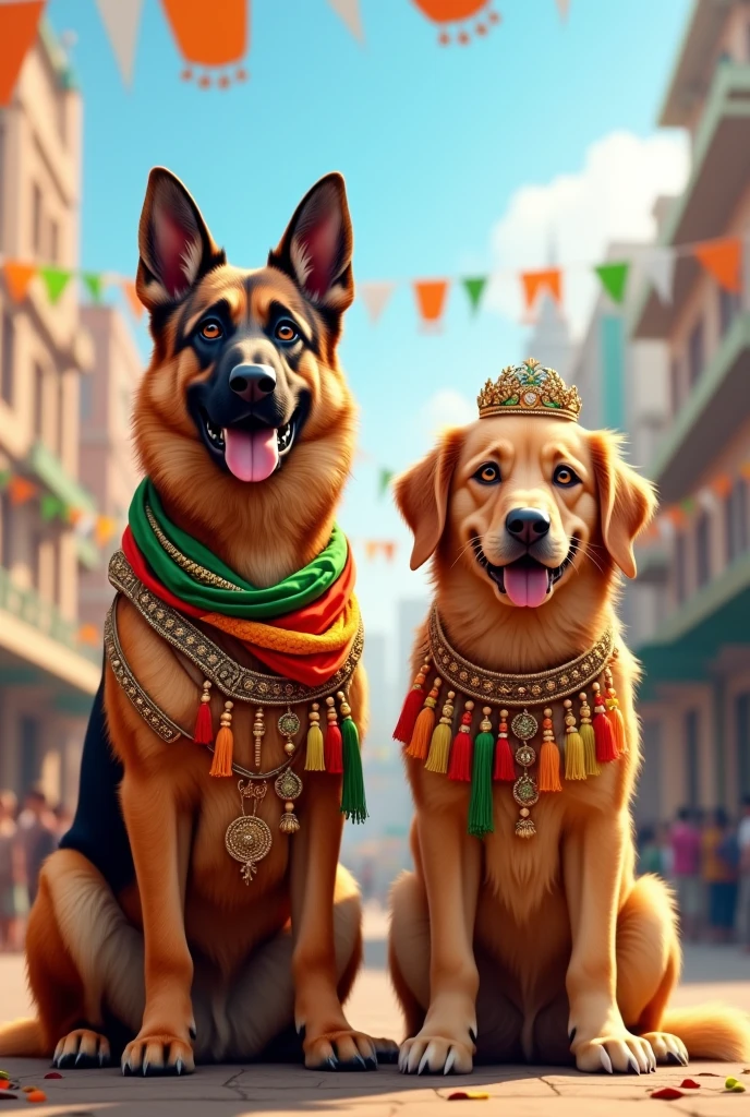German shepherd and Golden Retriever in Indian Independence day dress
