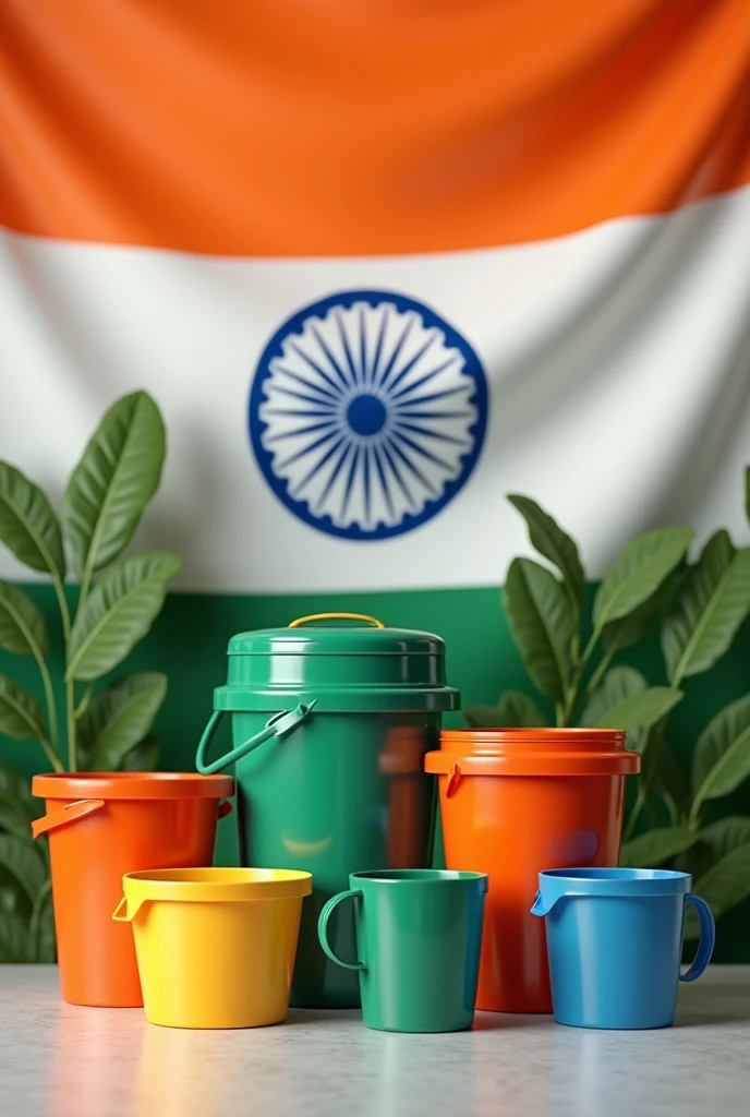 (photorealism:1.2) A colourful plastic items such as good quality buckets, mug, tubs and many plastic items representing the only flag colour of India in the background with a realistic photo
