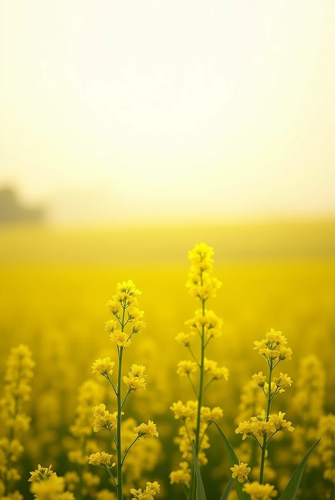A field of mustard flowers with backgound of morning with white base for product.