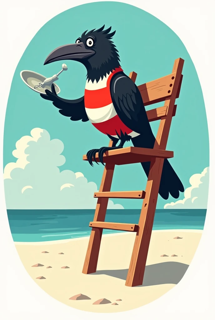 ((round logo)), ((1950s)), (cartoon), black crow lifeguard wearing a red and white striped jumper sitting in a tall wooden lifeguard chair on a white sand beach, holding an antenna dish in wing
