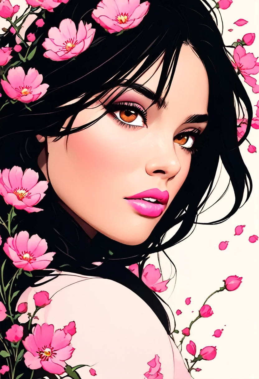 Midjourney, MJ, Midjourney style, poster, light background, close-up, a woman black hair, brown eyes, pink flowers