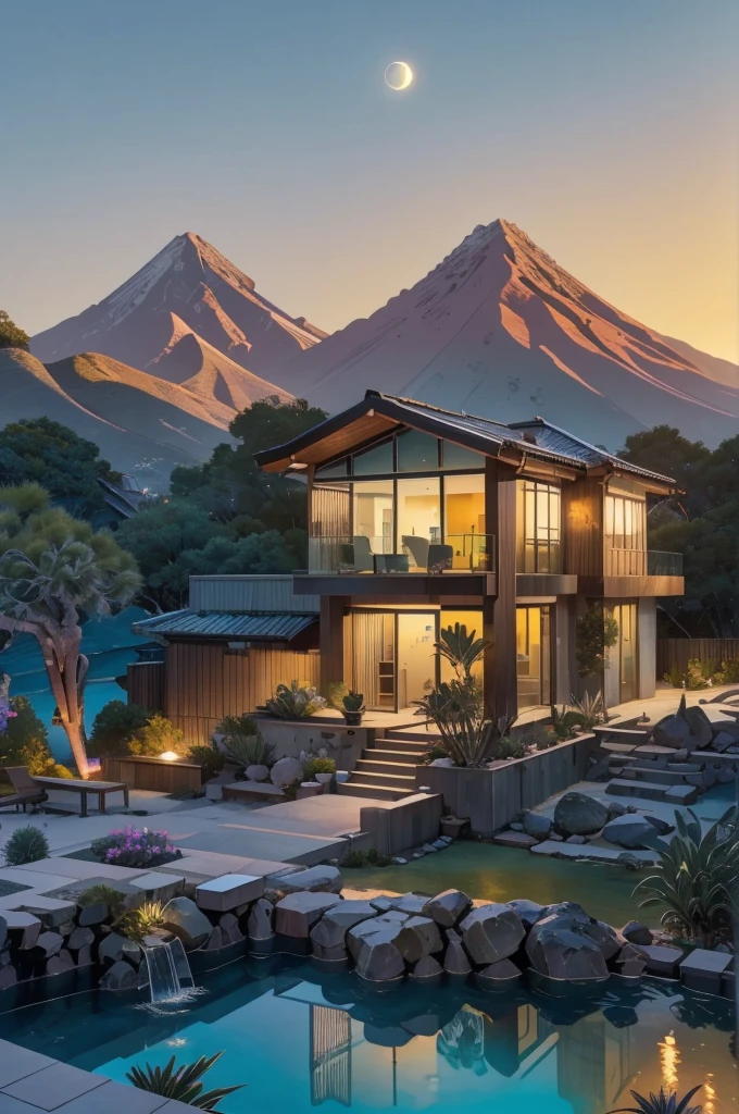 small and beautiful modern house in top of big boulders, terraces, pool, stairs, multiple cacti gardens, palms, trees, rocks, beautiful landscape design, mountains and volcano y background, amazing clouds, sun, moon, planets, milky way galaxy, concrete, wood, glass and steel materials, olive green, violet, orange and withe colors in facade