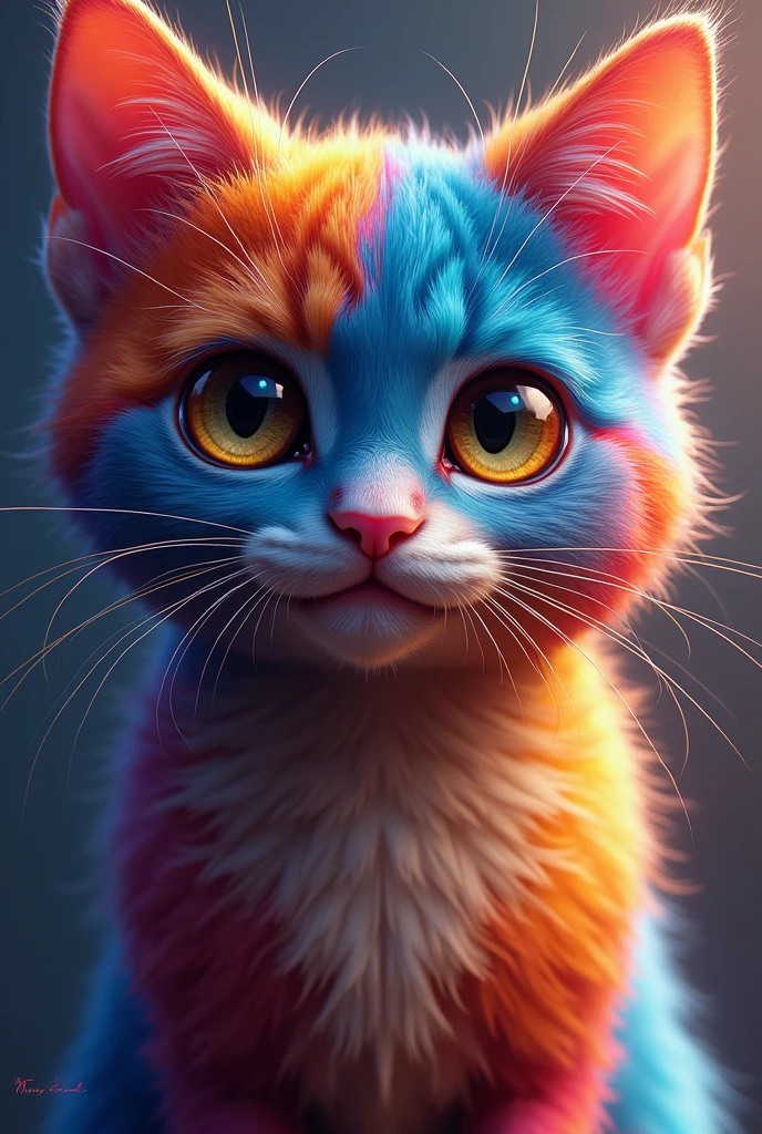 brightly colored Cat with bright eyes and long whiskers, Airbrush painting by Justin Gerard, Trending on Art Station, fur art, Beautiful Art UHD 4K, Highly detailed digital art in 4K, Cat. Digital Painting, 4K Detailed Digital Art, Detailed painting 4k, Digital Painting highly detailed, Beautiful digital art, highly detailed Digital Painting