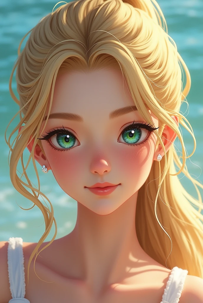 Blonde hair in a ponytail、Beautiful face super long hair、Very cute and beautiful sexy teenage girl、Perfectly cute face、Clear and beautiful cute eyes sparkling blonde ponytail sexy refreshing expression perfect and beautiful cute face、Long bangs between the eyes、Beautiful face hair、very cute beautiful sexy young woman、Very perfect beautiful cute cute face、Beautiful, clear, and cute eyes obscured、Very beautiful bright left green and right blue big eyes、very big eyes、Small face beautiful girl、Very white, young, bright and glowing skin、Cheek Gloss Highlight、Round and short face