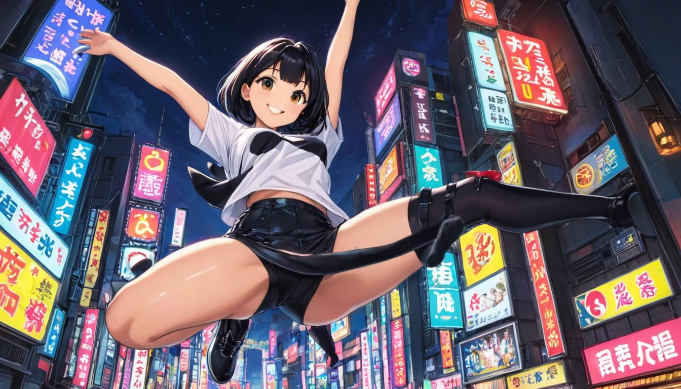 (((wide angle shot, from below, full body))), Girl, black hair, medium breast, jumping, spread arms and arms up, smile, T-shirt, White, Art, Retro, Cartoon Collage, ((little black cat on sholder)), tokyo city night background, neon light, detailed background, Anime Style