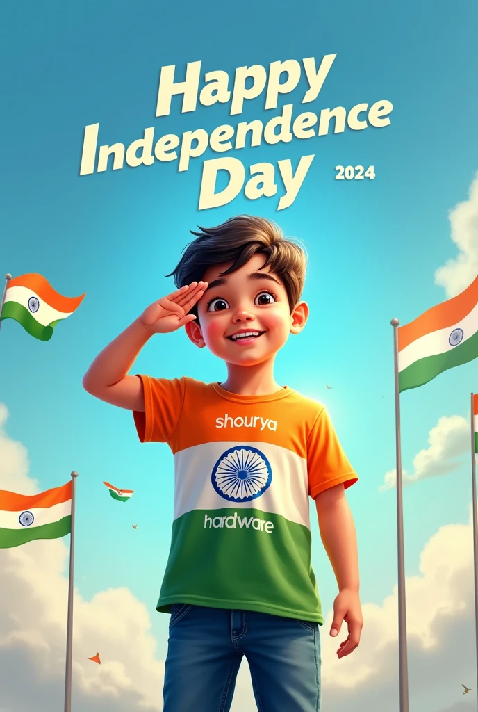 A young boy stands proudly under a clear blue sky, celebrating Independence Day on August 15th, 2024. He is wearing a vibrant tricolor T-shirt with his name "shourya hardware" printed on the back, along with a large image of the Ashoka Chakra. The sky above him features the words "Happy Independence Day 2024" in bold, festive letters. Indian flags are flying around him, and a sense of national pride fills the air as he salutes, symbolizing his love for the country.