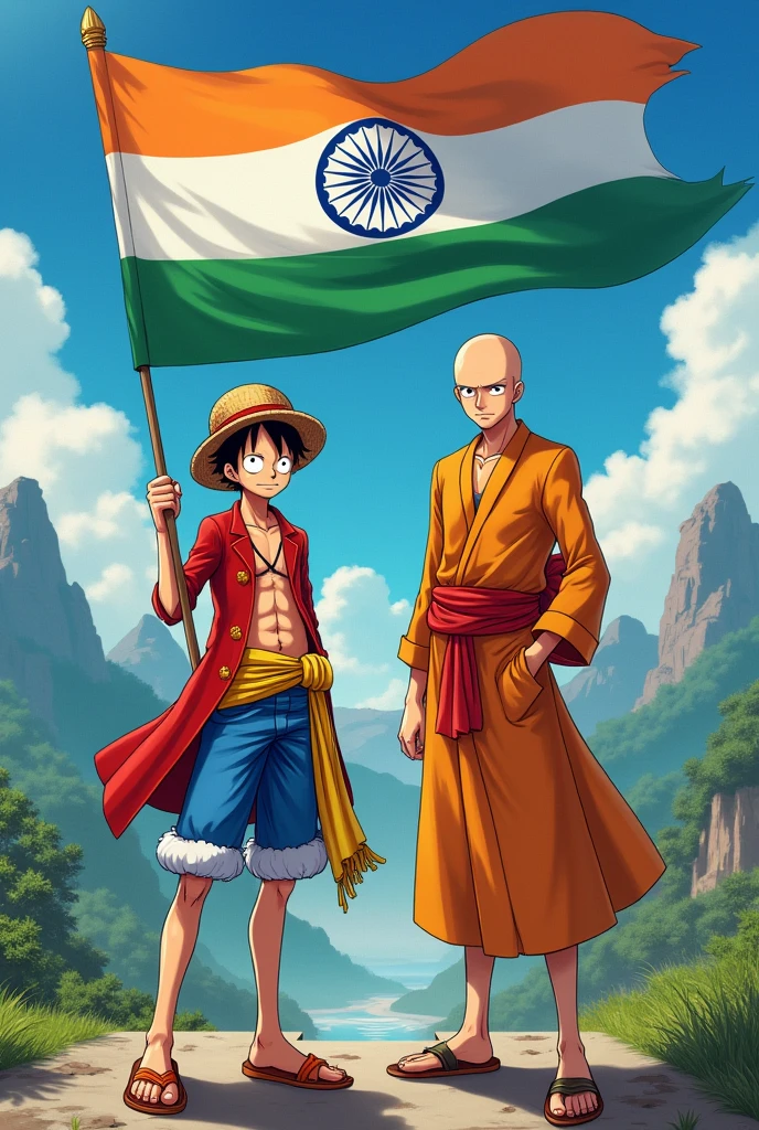 Luffy and Saitama with kurta as friend holding India flag