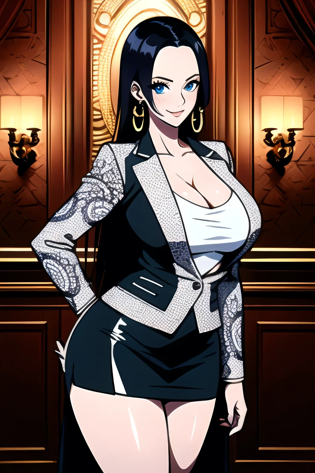 Hyperrealistic 8K CG, masterpiece, ((ultra detailed background, delicate pattern, intricate details, Very detailed, Fine details of the highest quality, Ultra-fine face)), big breasts , high heel, (big breasts:1.1), neckline，neckline, big ass, airtight,beautiful lights, absurd, BoaHancockV2, 1 girl, lonely,  black fur, by the wide, jewelry, shut up, ), ((Black skirt suit:1.1), tube skirt, mini skirt,beauty with curves, airtight, high heel, Shiny clothes, Firming skin), blue eyes, Antecedintes complejos y detallados, in, luxurious palace), ((Cowboy shooting)), beauty with curves, , seductive smile