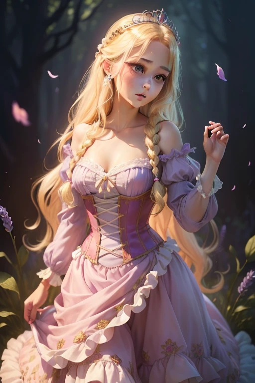Disney Princesses, Rapunzel, Realistic, (Highest quality:1.1), masterpiece, (detailed:1.1), spotted light, One person, beautiful photo, Sexy 26 year old woman (Rapunzel (Tangled): Rapunzelのシグネチャードレスは、Lavender colored dress with puff sleeves and a corset-style bodice.. The body is typically、、with delicate lace and floral embroidery. the skirt flows from the waist, soft layered, Pastel colored fabrics, chiffon, チュールAlsoは類似の素材.. the layers give the dress volume and movement, Also、some featuring delicate floral patterns.. Rapunzelの長い, blonde、often styled with braids or loose curls, sometimes adorned with flowers and ribbons. Also、wearing a small tiara or crown、sometimes completing a princess look.), (Realistic skin texture), (:1.3), Open your mouth, , Professional photography, high contrast dynamic poses,
