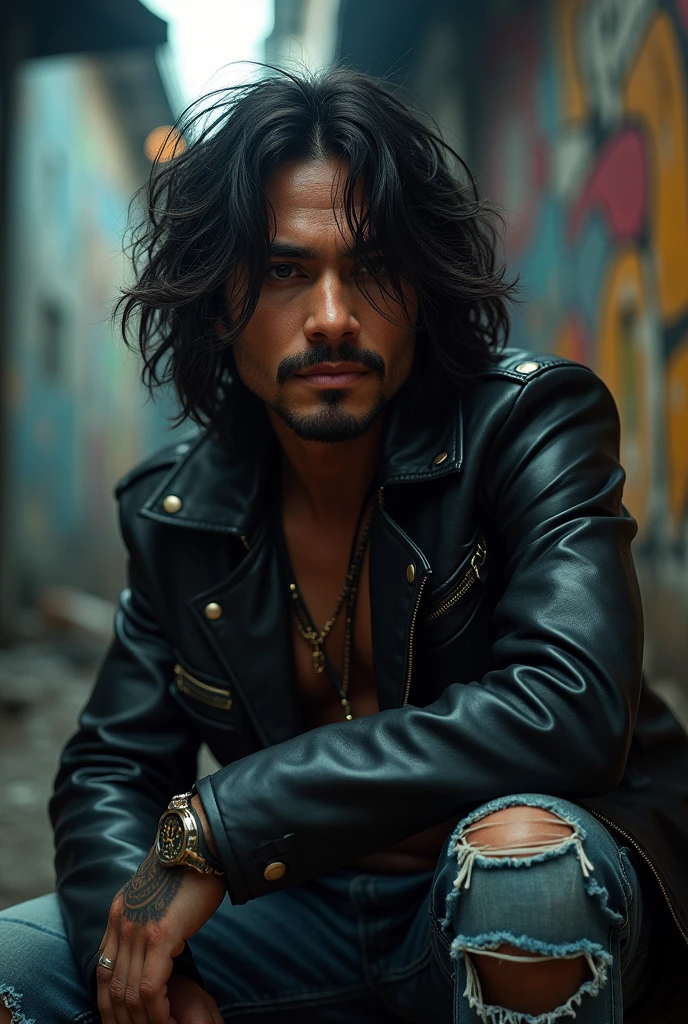 Pop culture.A Malay man .rock star in the 1990s, detailed portrait, intricate facial features, Malaysia timeline.wavy long hair, leather jacket, ripped jeans, dramatic lighting, moody atmosphere, gritty urban setting, cinematic composition, high contrast, vibrant colors, photorealistic, (best quality,8k,highres,masterpiece:1.2),ultra-detailed,(realistic,photorealistic,photo-realistic:1.37