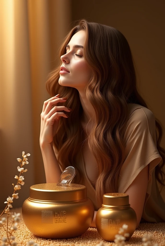 Create a hair massage product, with gold and brown theme for an advertisement 