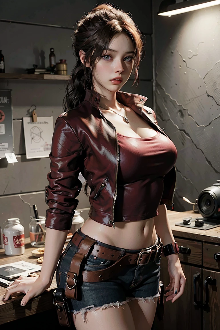 A stunning ultra high quality artwork, ultra realistic masterpiece, 8k , vivid colors, HDR,  in Ultra-HD, Claire Redfield from Resident evil, a 30 year old beautiful and seductive girl, detailed face, huge natural round breasts, long brown hair, amazing eyes, makeup, extremely sexy , a red jacket, extremely tight white cropped top with a huge necklace, big round butt , belt, holster, epic resident evil character composition . . alessio albi, nina masic, sharp focus, natural lighting, subsurface dispersion, f2, 35mm