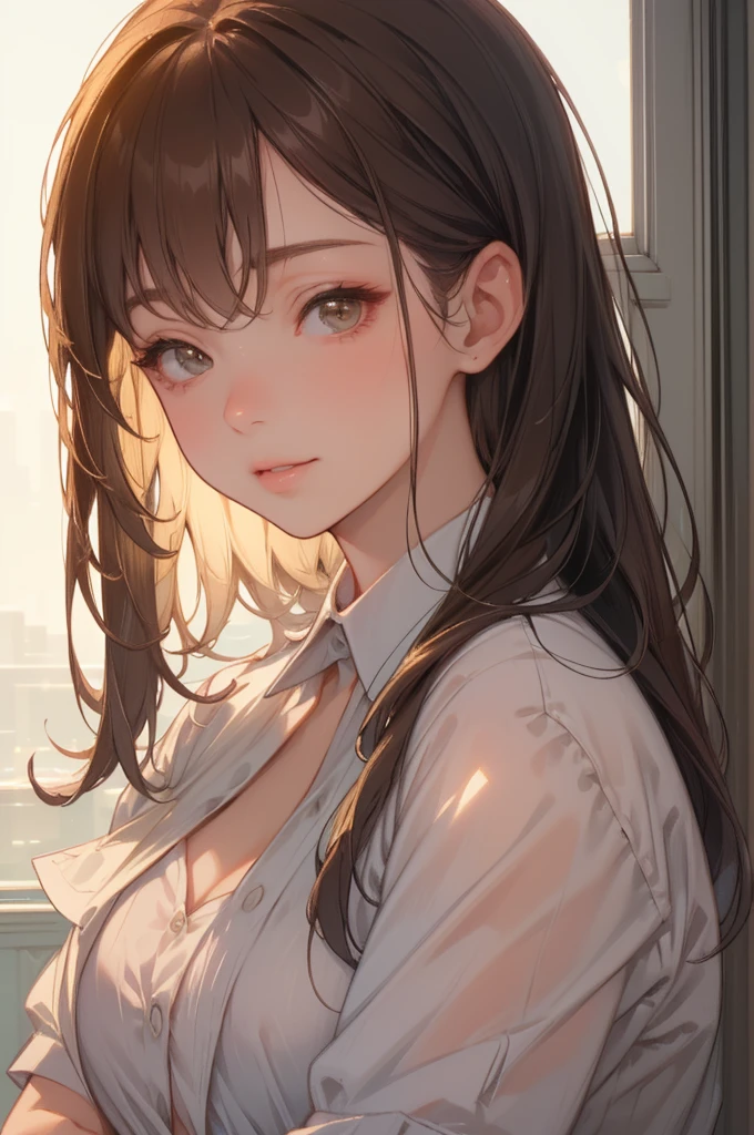 Official Art, wallpaper, Very detailed, (((Very detailedな目と顔))), Realistic portraits, (Highest quality, masterpiece, High resolution), (High resolutionスキン: 1.2), 8K Ultra HD, Backlight, Background Blur, smile, One Woman, Close-up of a woman in a white shirt, Beautiful feminine face, Attractive beautiful face, Beautiful face and perfect skin, Diffused, natural skin glow, Attractive and beautiful, Enveloped in golden light, Gorgeous and attractive face, Soft Golden Hour Lighting, natural beauty expressive pose, Soft golden light, Attractive girl, Beautiful woman face, Golden Background