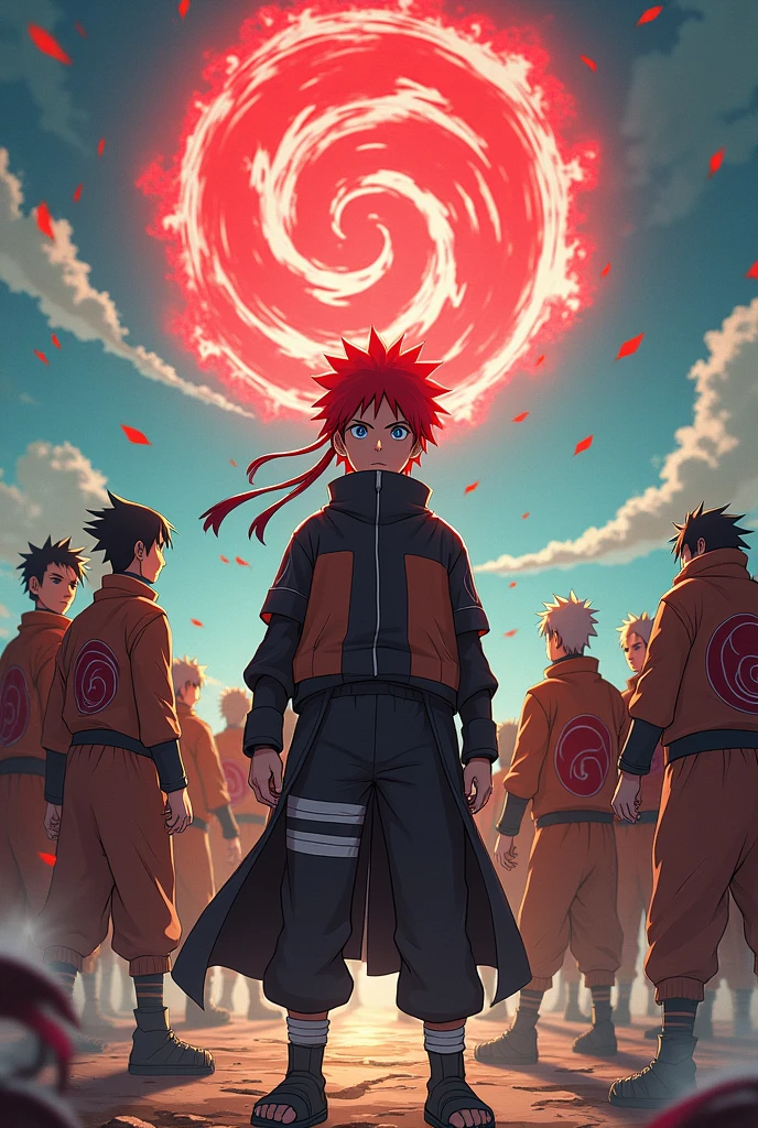 Naruto with red hair and his Uzumaki clan in the background