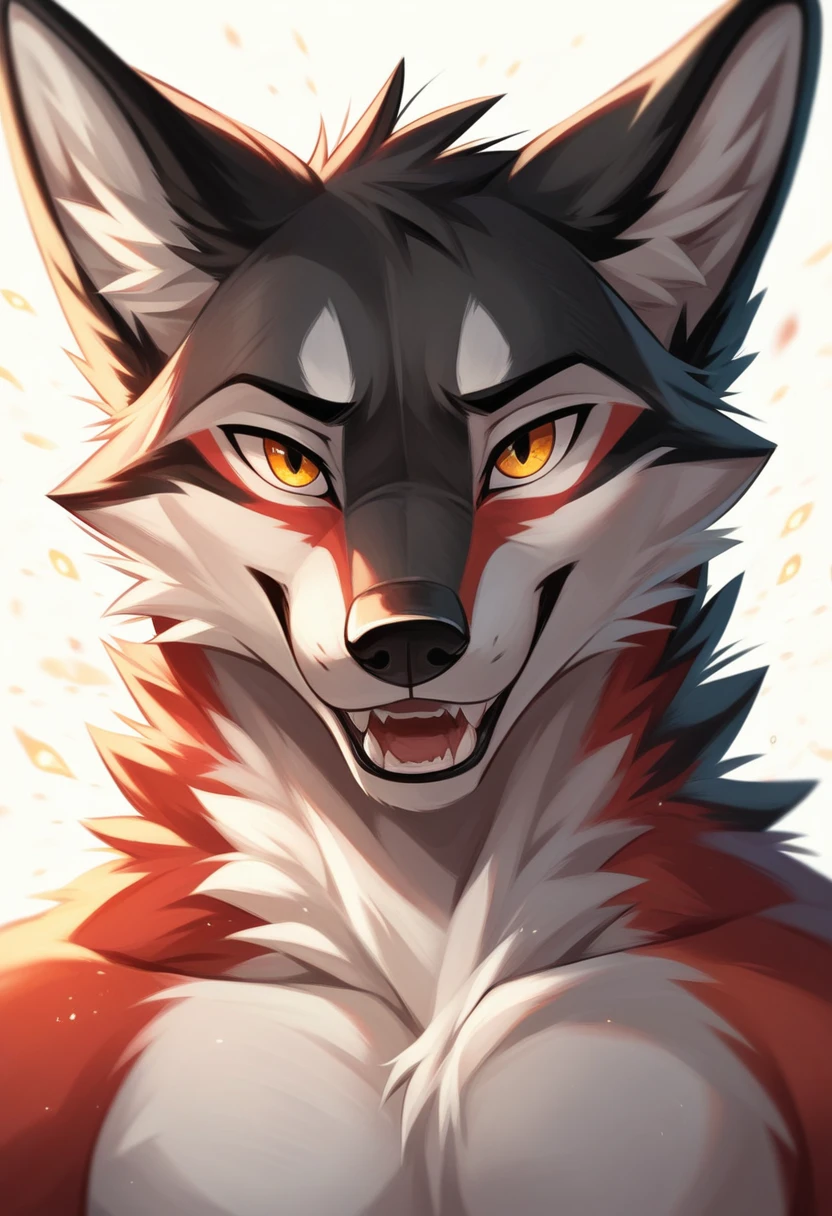 solo male, white coyote furry, furry, mouth open, smiling, red fur, Black fur stripe, netral, Traumatized face, dynamic lighting, illustration, beautiful, particles (high quality,4k,8k,highres,masterpiece:1.2), ultra-detailed, impressionistic:colorful,]