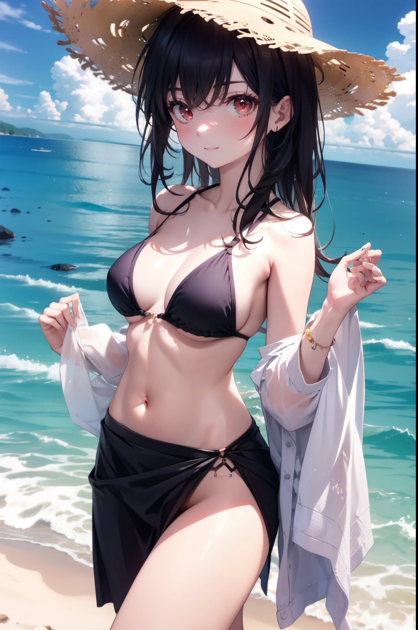 For profit, Next to Kasumigaoka, Black Hair, Long Hair, (Red eyes:1.5),
smile,blush,Open your mouth,Straw hat,Black string bikini swimsuit,Pareo Swimsuit,Belly button,abdomen,A thin long skirt is wrapped around her waist,barefoot,Sandy Beachを散歩している,Daytime,True Summer,Clear skies,whole bodyがイラストに入るように,
break looking at viewer,whole body, (Cowboy Shot:1. 5),
break outdoors, Sandy Beach,Beach,
break (masterpiece:1.2), Highest quality, High resolution, unity 8k wallpaper, (figure:0.8), (Beautiful attention to detail:1.6), Highly detailed face, Perfect lighting, Highly detailed CG, (Perfect hands, Perfect Anatomy),