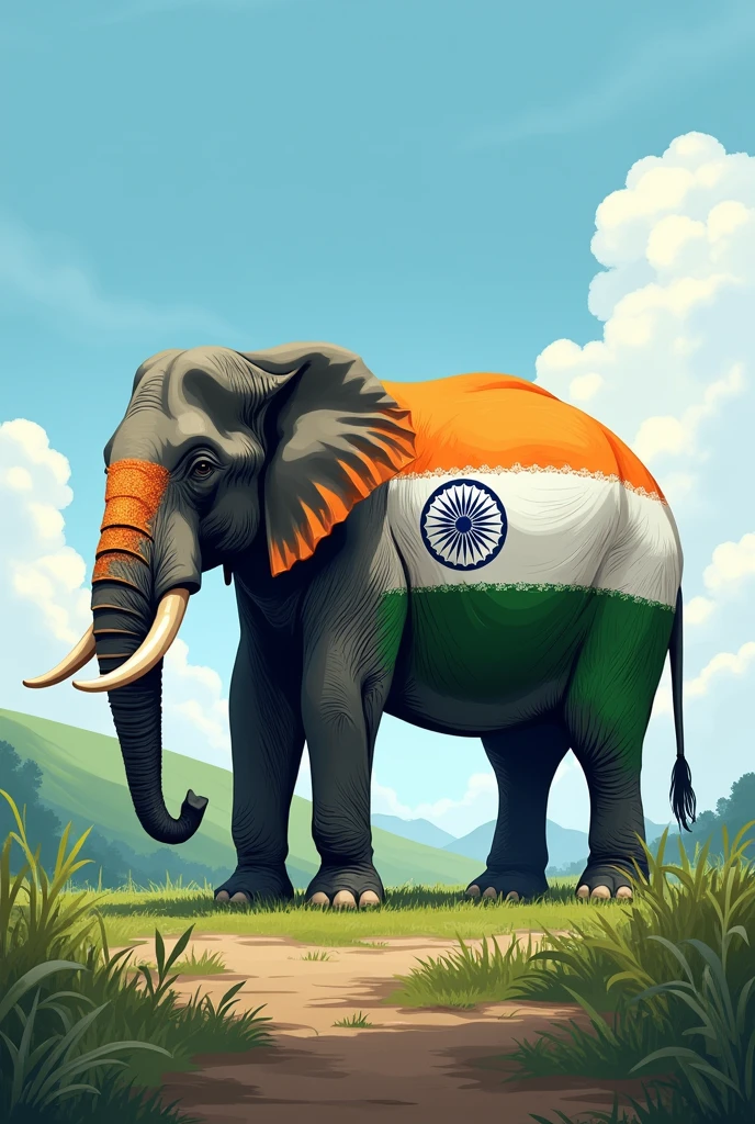 Create a elephant horizontal body with India flag 