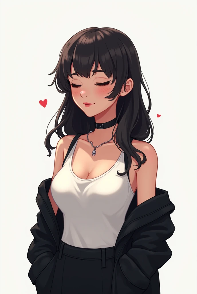 1girl, female focus, single, jewelry, necklace, white background, black hair, upper body, wide chest, plain background, jacket, profile, shirt, closed eyes, black jacket, white shirt, cartoon style.