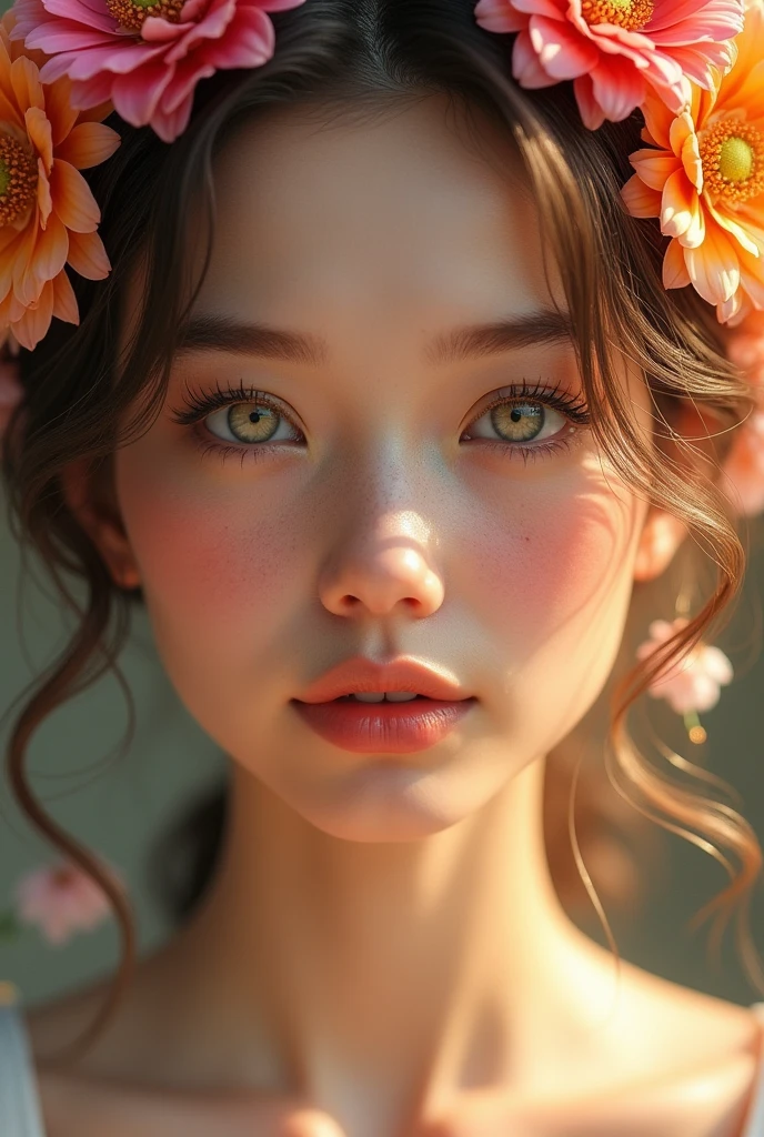 face of a beautiful woman with light eyes. with beautiful flowers on her face and very bright light