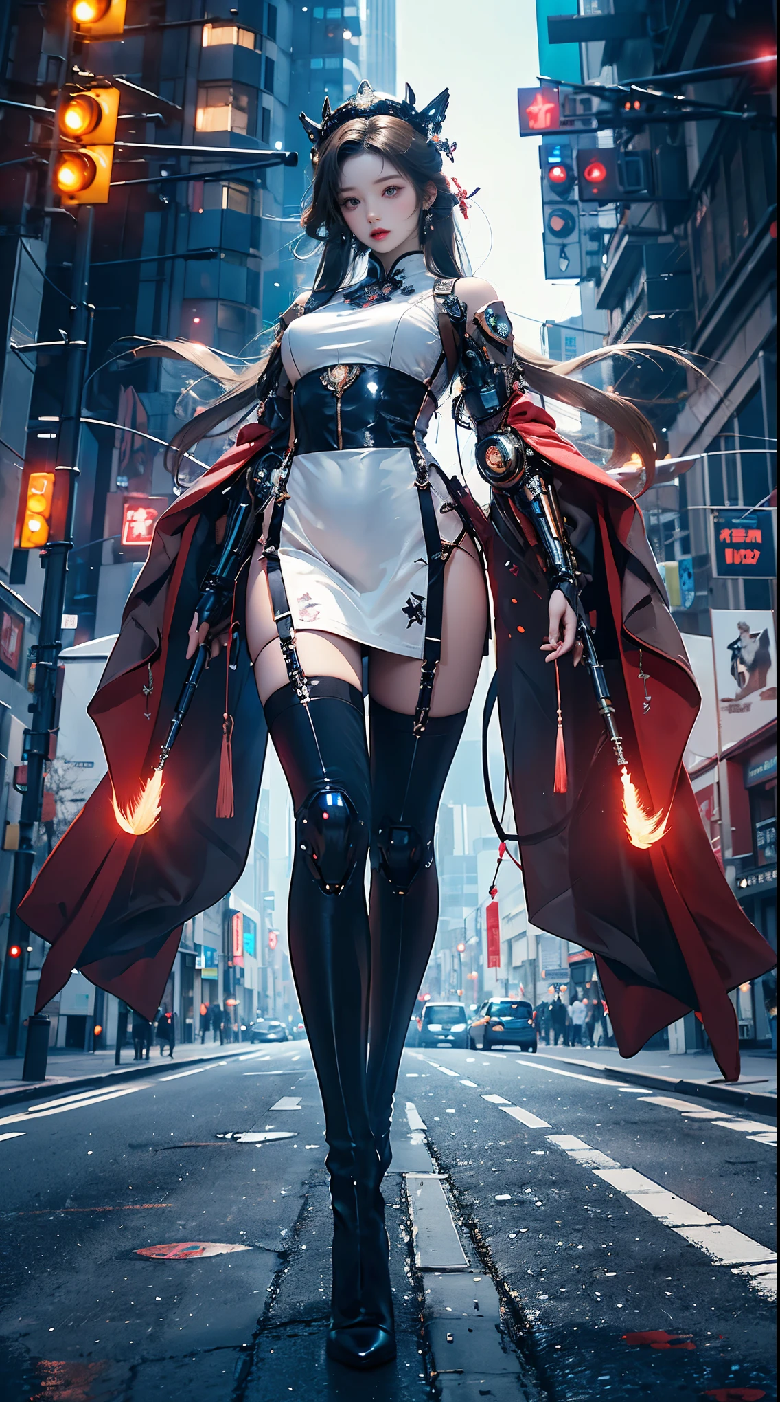 Masterpiece, best quality, high resolution, one woman, from below, very thin and straight legs, very long legs, straight legs, high heels, long legs, perfect body with perfect legs, front view showing long legs, perfect body, exterior, telegraph slang, dynamic pose, exquisite eyes, brown eyes, eye shadow, wearing makeup, long blonde hair, detailed face, detailed eyes, looking at viewer, blusher (wearing makeup), plump lips, red lips, long gray hair (1.3), mechanically static, summon mech, headdress (1.1), headgear, dressed like a student in , black lace stockings, stocking suspenders, city, luminous winding, with a gun in hand, weapon, completely mechanical and futuristic elements, technology, background is modern New York City streets with cars passing by, sky, slim (1.2), dramatic lighting, vivid details.