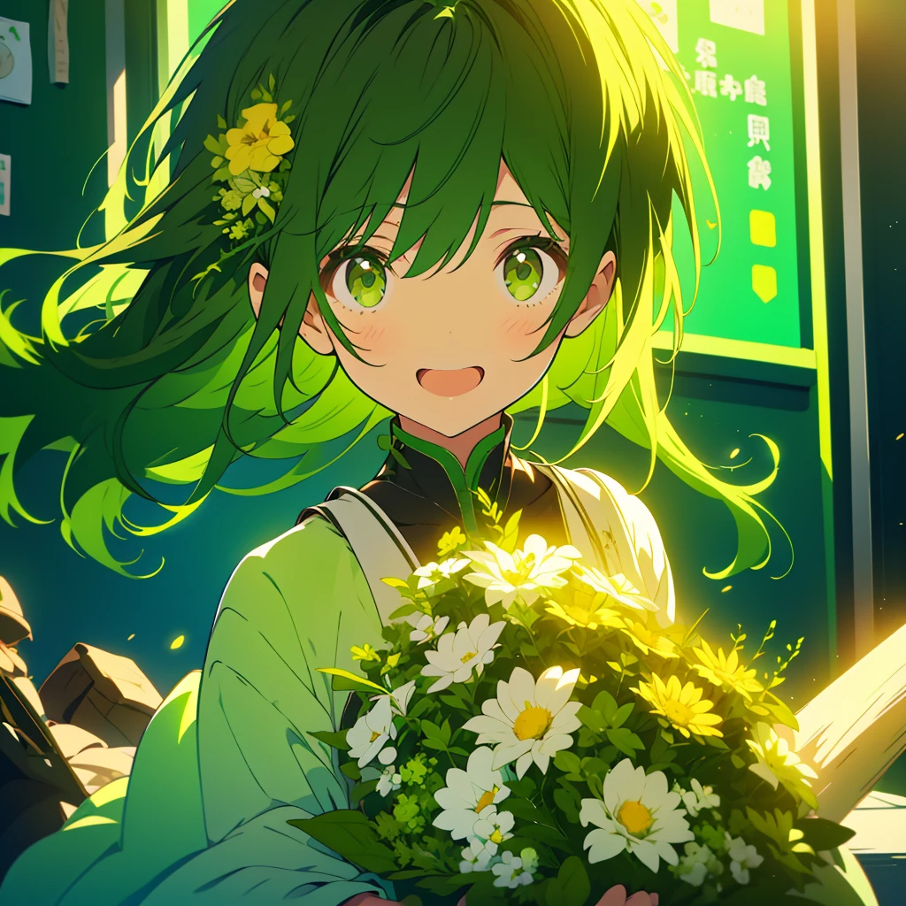 A boyish girl with long dark brown hair and green eyes、Green mesh in part of hair、Highlight on eyes、celebration、bouquet、Detailed facial expressions、smile、whole body、Uplifting