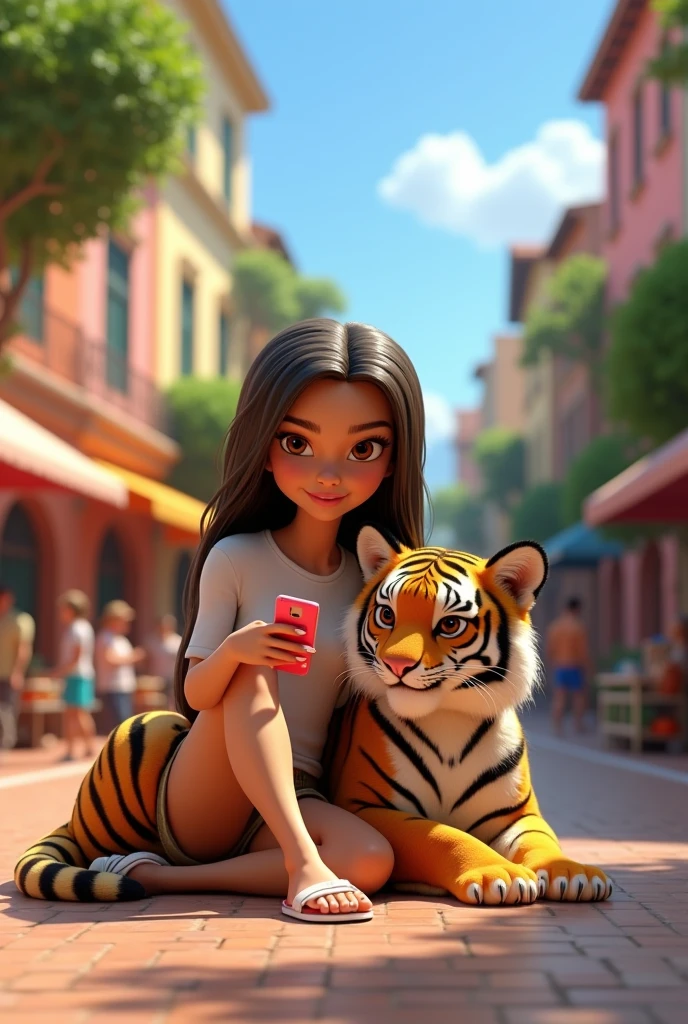 create a Disney Pixar style 3D animation. The setting is Feira de Santana-ba. The character is a woman with long straight hair sitting in the Rosa square with brown eyes, stiletto nails, an iPhone 13 and a tiger by her side
