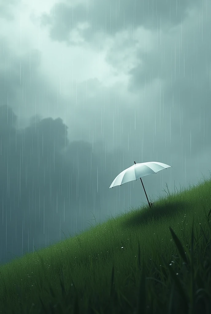 Rainy cloudy sky.White umbrella placed inclned grass.. without human Focusing sky