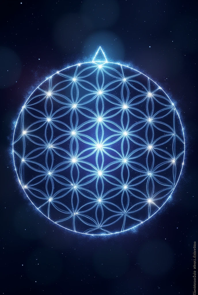 Generate a detailed, Symmetrical geometric pattern,referred to as the flower of life. design should feature overlapping circles,Form complex patterns, intricate flower-like pattern. lines should be crisp and clean, evenly spaced circles,Perfect alignment. use a gradient of dark blue and purple,giving the image a mystical and ethereal feel, subtle glow effect around the edges of the circles. background should be dark, Starry Sky, enhancing the design's cosmic and spiritual attributes."