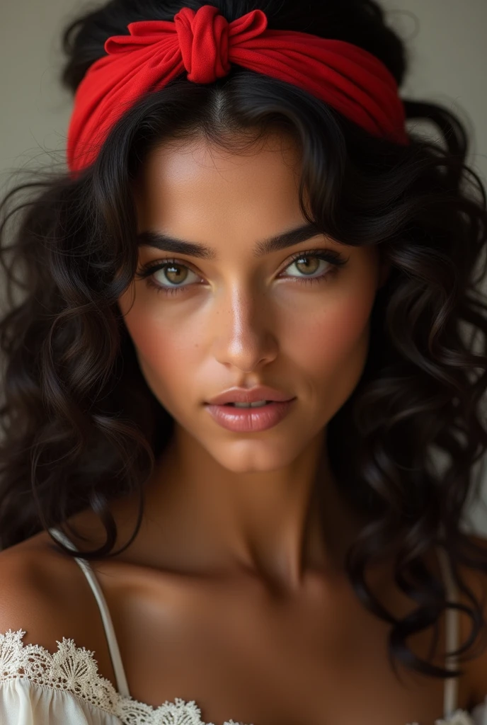 Woman with long curly hair, brown skin, wearing a red headband in her hair.