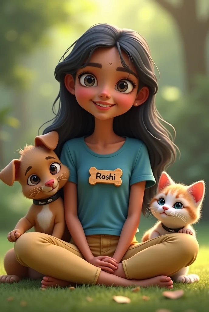 A fair indian girl sit between a puppy and a kitten.She wear a blue t shirt named "Roshi" and butter colour jeans. The puppy has a wooden bone shaped name tag named " Ram"and a black belt. The kitten has a wooden heart shaped name tag named "Ginger"and black belt.