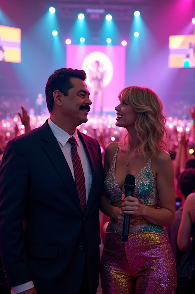 Make me an image of Maduro with Taylor Swift at a concert 