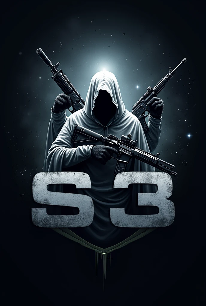 Create a logo for my Call of Duty Warzone clan called S3 that looks professional, dark, but with a little color, that contains a ghost and weapons but still looks professional, that has a space background the colors not so striking, the ghost and the weapons a little realistic, the S3 name in the middle and a bit bigger