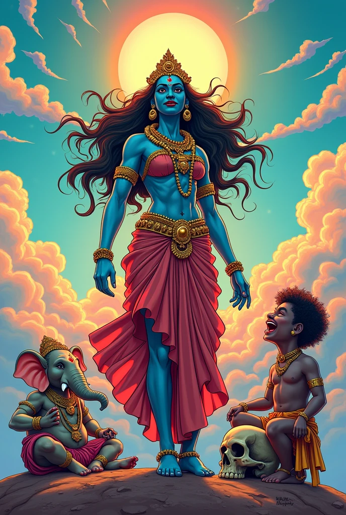 Big Mother mahakali with skull necklace at center and Ganesh sitting on skull and murugan are laughing at the clouds ,heaven , cartoon, cool , smart , small ears , manga, sun shine , rainbow