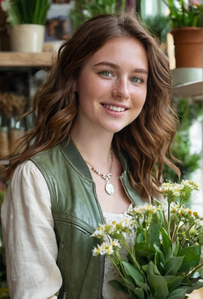 A 24-year-old woman with chestnut brown hair and deep green eyes is browsing a quaint flower shop. She’s dressed in a light sundress and her signature light leather jacket. Her fair, freckled skin glows under the soft lighting, and her wavy hair cascades gently over her shoulders. She wears her silver necklace with a small pendant, smiling as she picks out a bouquet."