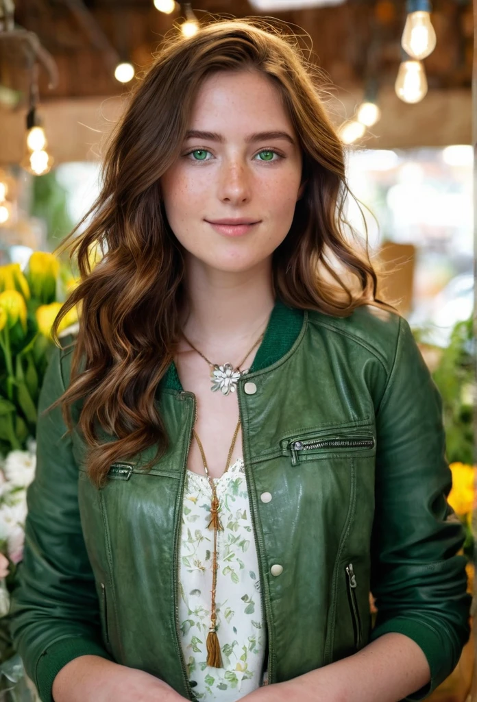 A 24-year-old woman with chestnut brown hair and deep green eyes is browsing a quaint flower shop. She’s dressed in a light sundress and her signature light leather jacket. Her fair, freckled skin glows under the soft lighting, and her wavy hair cascades gently over her shoulders. She wears her silver necklace with a small pendant, smiling as she picks out a bouquet."