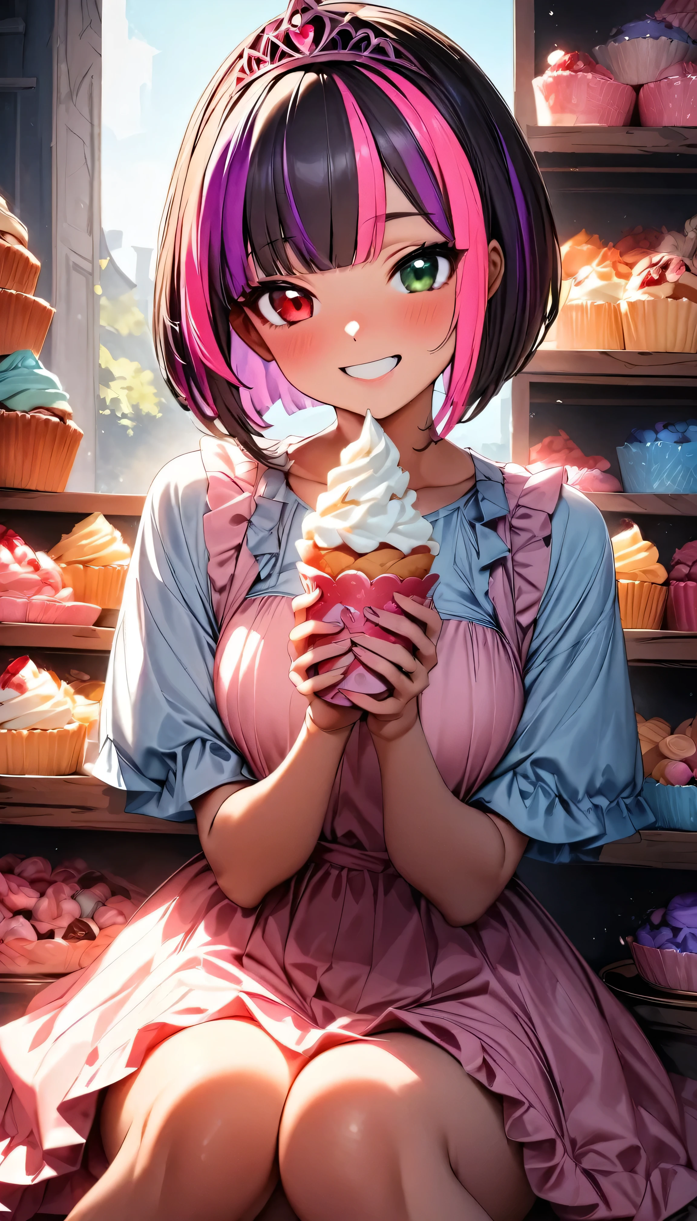 (highest quality:1.2, Very detailed, up to date, Vibrant, Ultra-high resolution, High Contrast, masterpiece:1.2, highest quality, Best aesthetics), Portraiture、girl、princess, solo, (25-years-old:1), slim, heterrochromia, green eye, red eye, extra short hair, ((bob cut:1.5))、pink and purple, ((streaked hair:1.9)), (highlights hair: 1.6), Pink Princess dress, (pink tiara:1.5), (medium breast:0.7), (tan skin:0.5), ((happy:1.9)), (sit surrounded by sweets:1.5), house of sweets:1, (pastel color wall:1), Eating soft serve ice cream, a lot of cream on cheeks, Bright colors、Beautiful fine details、Beautiful lip detail、look at viewer, full body