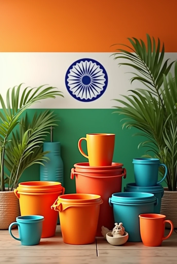 (photorealism:1.2) A colourful plastic items such as good quality buckets, mug, tubs and many plastic items representing the only flag colour of India in the background with a realistic photo
