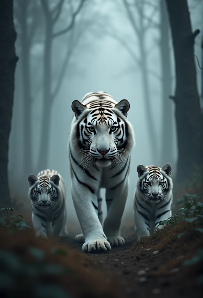 A hazy figure emerging through the thick fog in the air, the majestic figure of a mother white tiger seen through the thick trees of the forest, followed by two cute one-month-old cubs, very detailed and sharp eyes, aura, force, charisma, realistic expression, realistic,