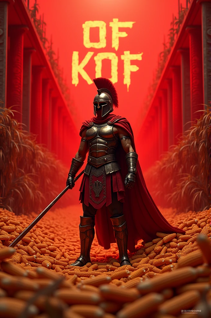 Create a 4D red background with many corn cobs, a Spartan with the name Artillery in large letters and below the large letters Team Choclito