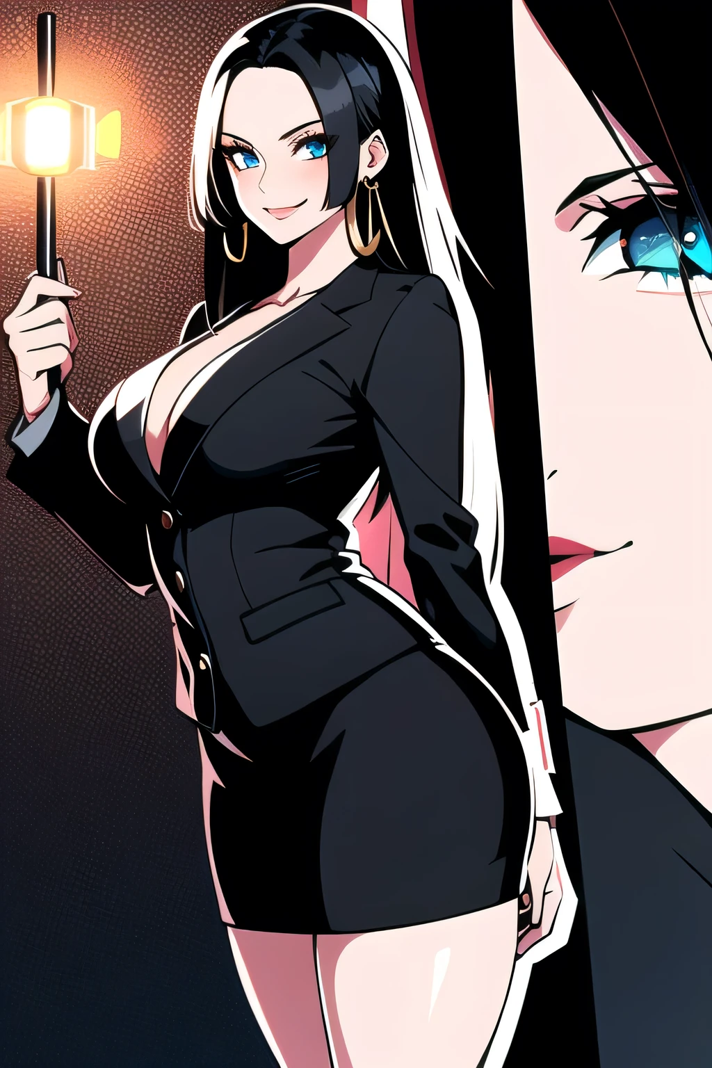 Hyperrealistic 8K CG, masterpiece, ((ultra detailed background, delicate pattern, intricate details, Very detailed, Fine details of the highest quality, Ultra-fine face)), big breasts , high heel, (big breasts:1.1), neckline，neckline, big ass, airtight,beautiful lights, absurd, BoaHancockV2, 1 girl, lonely,  black fur, by the wide, jewelry, shut up, ), ((Black skirt suit:1.1), tube skirt, mini skirt,beauty with curves, airtight, high heel, Shiny clothes, Firming skin), blue eyes, Antecedintes complejos y detallados, in, luxurious palace), ((Cowboy shooting)), beauty with curves, , seductive smile