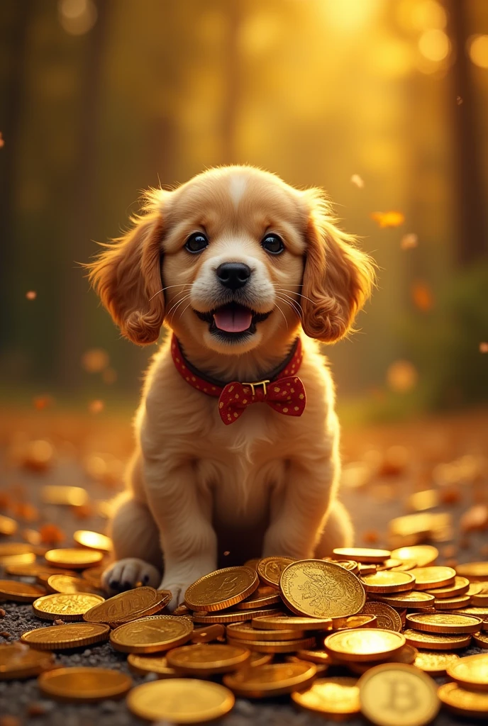 Pile of gold, Gold coins, dog, Gold coins이 하늘에서 쏟아진다.