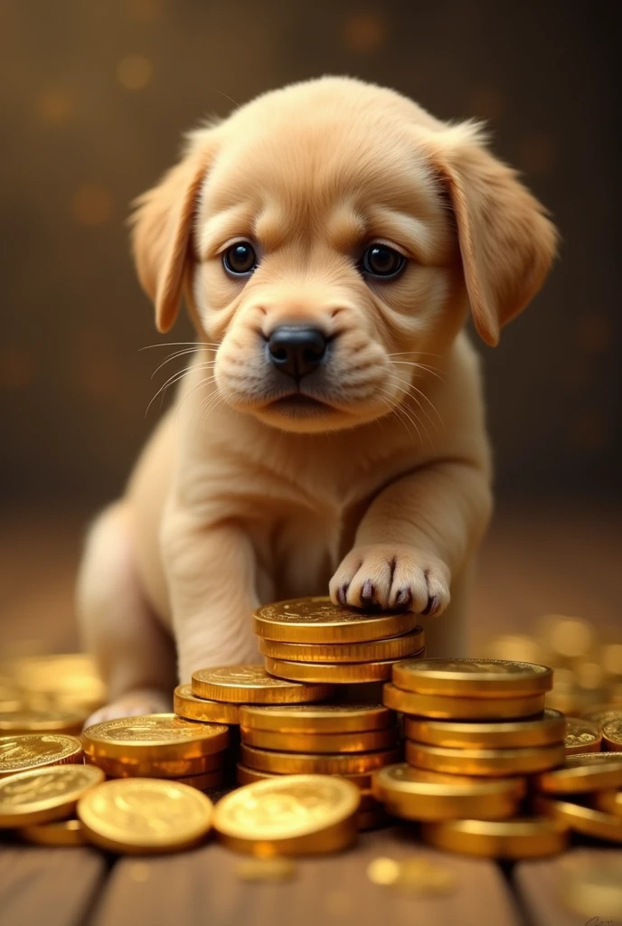 Pile of gold, Gold coins, dog, Gold coins이 하늘에서 쏟아진다.