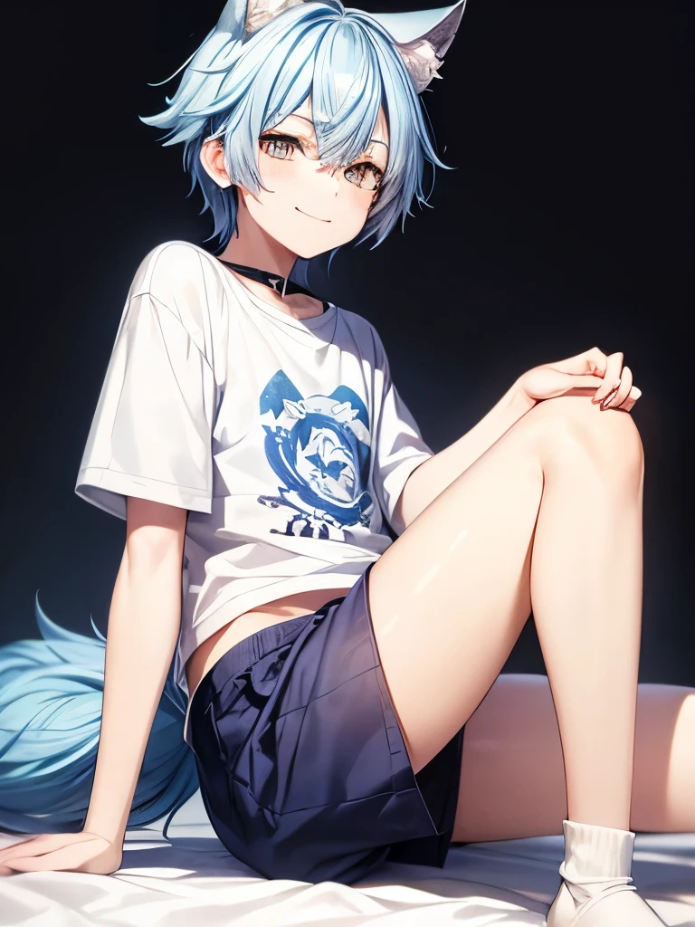 Blue hair,Solo Male,shota, Pure white wolf furry,Blue short sleeve t-shirt,Black bottoms,smiling,Japanese anime