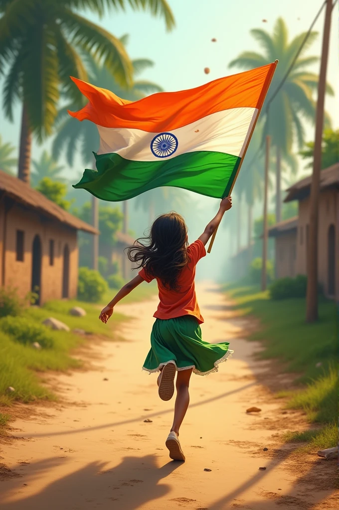 A  holding an Indian flag and the girl running along a road is a village road