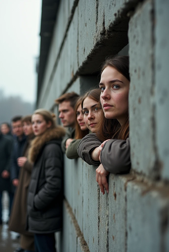 Photo of the Berlin Wall with people looking from the eastern side.