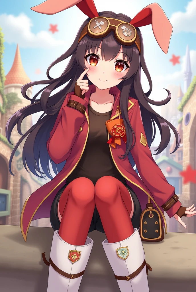 https://genshin-impact.fandom.com/wiki/Amber She have a dark brown hair and wears a red bow that is shaped like a bunny ears, brown pilot goggles, two small bags with leather belts, a red and brown glove, a Pyro sigil emblazoned on the red and orange ribbon, red jacket with long sleeves, a dark brown jumper outfit, and red stock on the white boots has symbols on it. She shyly smiles blushing. She have long dark brown hair! Lesbian pin on jacket. She is a futa. 