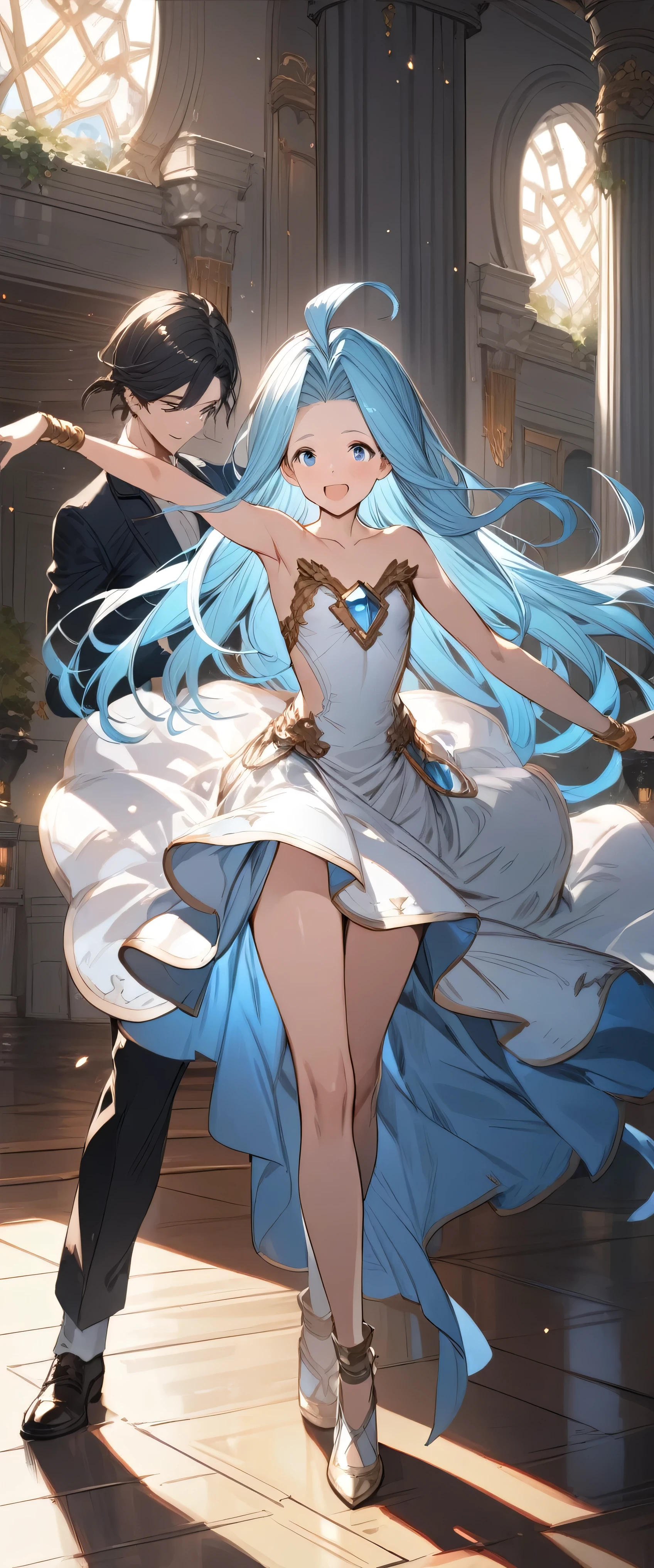 score_9, score_8_above, score_7_above, (masterpiece), best quality, expressive eyes, perfect face, 1girl, lyria, granblue fantasy, looking at the viewer, blue hair, long hair, blue eyes, slim figure, wide hips, detailed eyes, white dress, full body shot, perfect anatomy, ray tracing, UHD, ballroom, dancing, laughing
