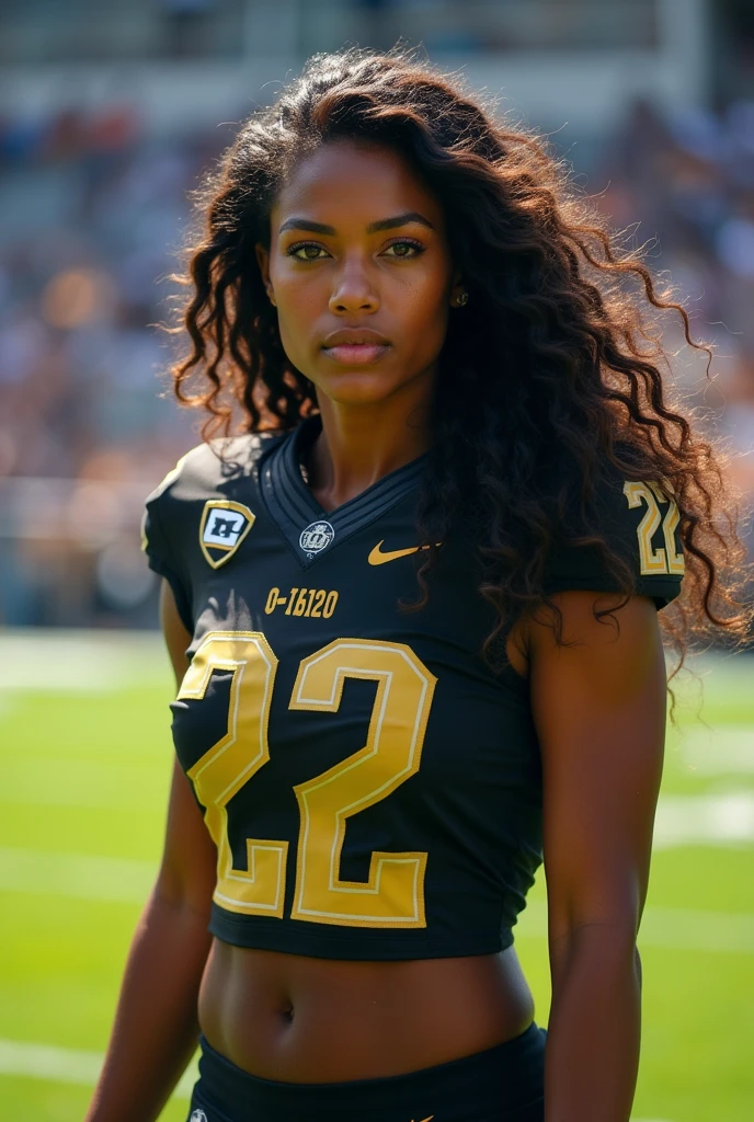 A photo of Emma Hughes, a quarterback for the female UCF Knights football team. Number 22. Very tall, very busty, very long black hair.